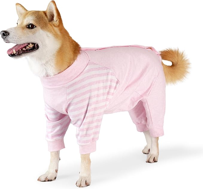 Dog Recovery Suit, Abdominal Wound After Surgery Wear, Anti Licking Bodysuit with Snaps, E-Collar & Cone Alternatives, Striped Dog Spay Surgical Pajamas Prevent Shedding(Medium, Pink)-PawvioPets