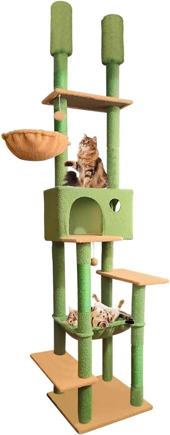 96.5"-108" Cat Tree Floor to Ceiling 7-Tier Cat Tower Adjustable Height with Scratching Posts, Cozy Hammock, Cat Condo for Indoor Cats(Green)-PawvioPets