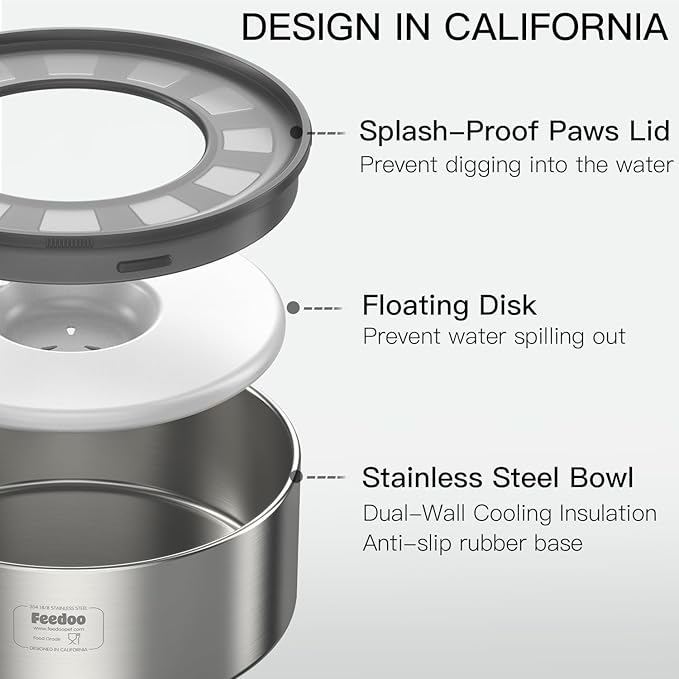 1Gallon No Spill Water Bowl for Dogs, Double-Wall Stainless Steel with Splash-Proof Paws Lid and Floating Disk, Non-Slip Base, Easy to Clean Slow Water Feeder for Large Medium Dogs-PawvioPets