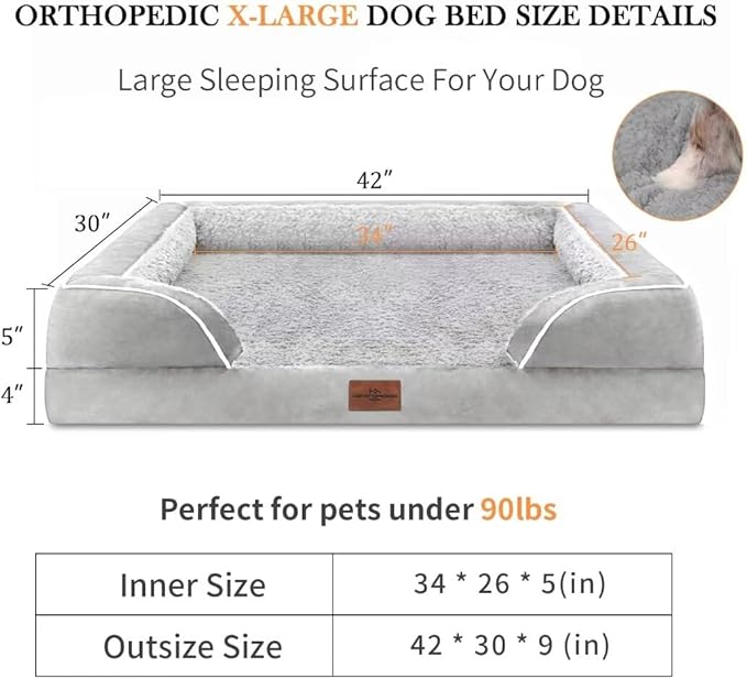 Comfort Expression Memory Foam Dog Beds Large Sized, Orthopedic Dogs Beds Washable, XL Dog Beds with Removable Cover, Waterproof Pet Sofa Couch with Bolster(X-Large,Light Grey)-PawvioPets