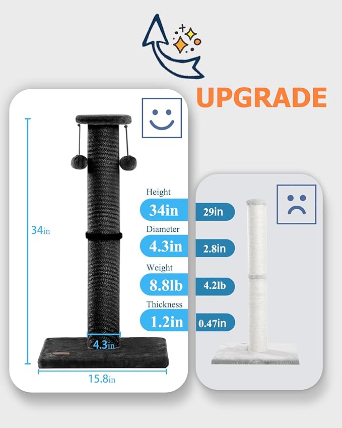 Kilodor 34Inch Tall Cat Scratching Post,4.3Inch Diameter Large Sisal Cat Scratch Post with Ball, Sturdy and Durable Cat Scratcher for Indoor Cats Adults Black-PawvioPets