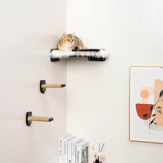 3 Pcs Cat Steps and Perches for Wall, Climbing Shelf With Hemp Rope, Wall-Mounted Furniture Set With Scratching Pads for Playing (Black)-PawvioPets