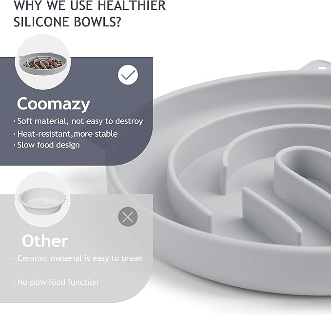 Coomazy Silicone Slow Feeder Dog Cat Bowls, Interactive Puzzle Toy for Pets Food Training, Keeps Dogs Cats Busy, Prevents Puppy Kitty Overeating (Smoke Gray, 1.4Cup)-PawvioPets