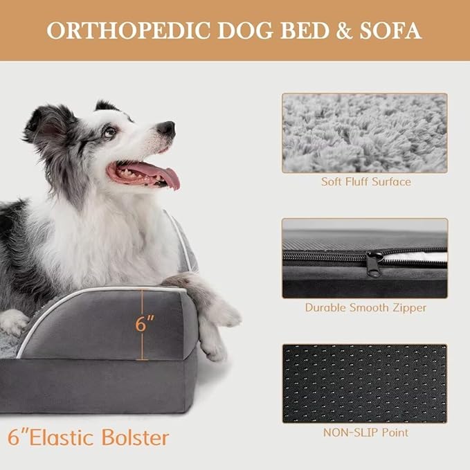 Comfort Expression Orthopedic Memory Foam Dog Beds for Giant Dogs, XXL Dogs Beds Washable, Waterproof Dog Beds with Bolster & Removable Cover(XX-Large,Silver Grey)-PawvioPets