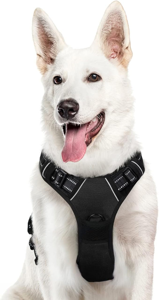 Eagloo Dog Harness for Large Dogs, No Pull Service Vest with Reflective Strips and Control Handle, Adjustable and Comfortable for Walking, No Choke Pet Harness with 2 Metal Rings, Black, XL-PawvioPets