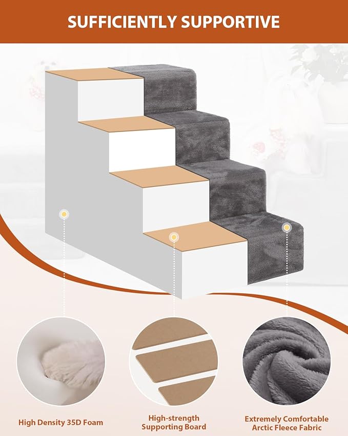 Dog Stairs for Small Dogs,13" 3-Step Pet Stairs for Couches，Dog Steps with Non-Slip Bottom and Removable Cover Indoor Outdoor,Grey-PawvioPets