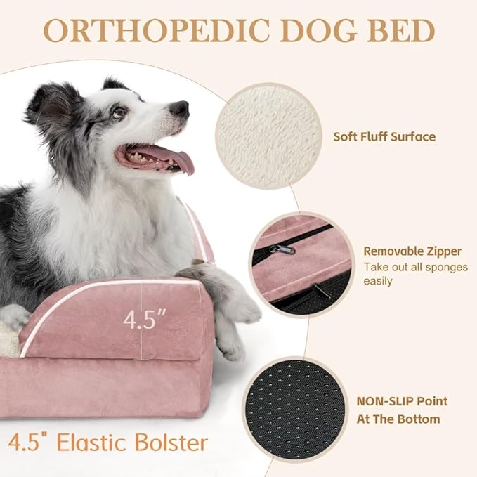 Comfort Expression Large Dog Beds Waterproof Orthopedic Foam Dog Beds for Large Dogs Sofa Comfy Pet Bed with Non-Slip Bottom & Washable Removable Cover(Pink)-PawvioPets