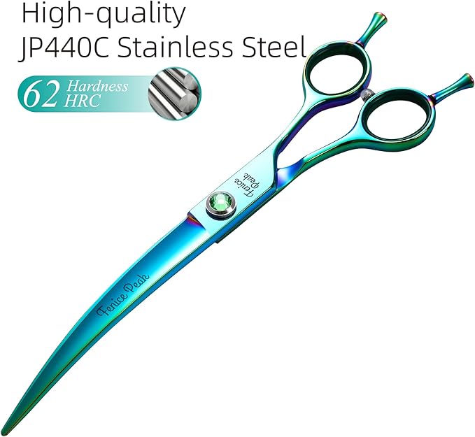 Fenice Peak 7.5'' Green Curved Dog Grooming Scissors Pet Shears with Ergonomic Offest Handle and Simulated Emerald Screw 440C Grooming Scissors Trimming Shears Durable and Sharp-PawvioPets