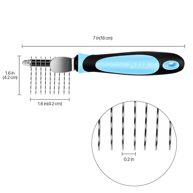 Flexzion Dogs Dematting Comb, Stainless Steel Blades Rakes, for Pets Cats Animals Matted Knotted Hair, Brush Cutting Removing Grooming Tool with Smooth Teeth Needle - Black & Blue Handle-PawvioPets