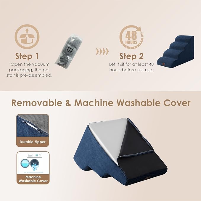 EHEYCIGA Curved Dog Stairs Ramp for Small Dogs 15.7" H, 3-Step Dog Steps for Couch Sofa and Chair, Pet Stairs for Cats, Non-Slip Balanced Pet Steps Indoor, Navy-PawvioPets