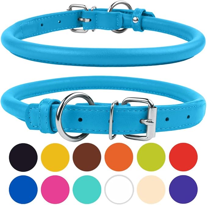 CollarDirect Rolled Leather Dog Collar, Soft Padded Round Puppy Collar, Handmade Genuine Leather Collar Dog Small Large Cat Collars 13 Colors (13-16 Inch, Light Blue Textured)-PawvioPets