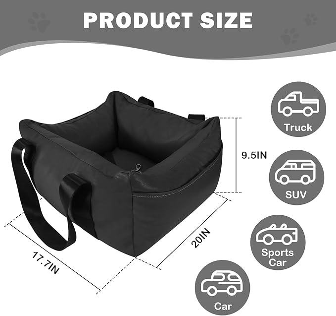 Dog Car Seat for Small Dogs, Large Leather Dog Car Bed with Storage Pocket, Waterproof PVC Leather Booster Seat Travel Bed for Front & Back Seat, Clip-On Safety Leash (Black)-PawvioPets