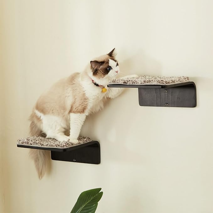 2 Set Cat Wall Steps - Wooden Cat Climbing Shelf for Wall - Cats Wall Stairs with Scratching Mat - Wall Mounted Cats Furniture for Jumping, Playing, and Lounging, Walnut-PawvioPets