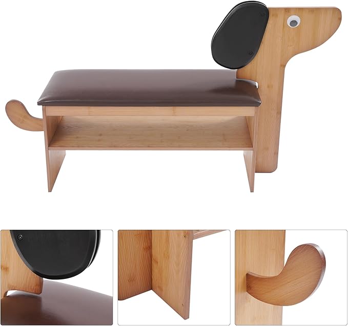 Cute Dog Shoe Bench with Cushion, 51.6”L x 11.8”W Puppy Shoe Storage Bench Dark Brown 2-Tire Bamboo Shoes Rack Bench for Entryway Living Room Hallway Bedroom 220Lbs Load Capacity-PawvioPets