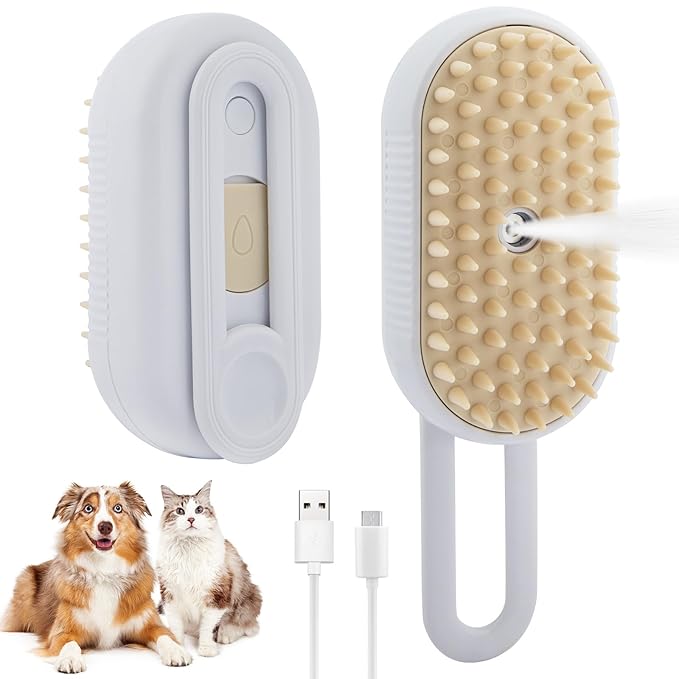 4 in 1 Cat Steam Brush Cat and Dog Anti-Static steam Brush with Spray for Massaging,cleaning,Shedding,Grooming,Rechargeable Pet Grooming Brushes(white brush)-PawvioPets