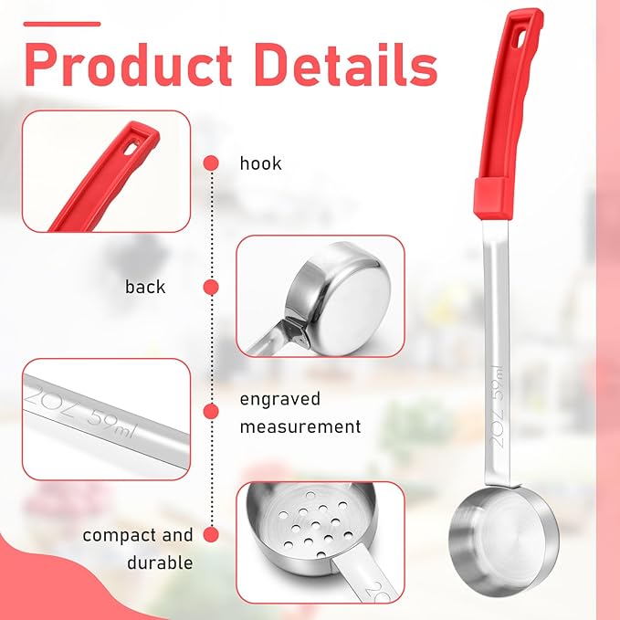 16 Pcs Portion Control Serving Spoons, Restaurant Measuring Serving Ladle Utensils, Portion Control Slotted Scoops for Weight Loss, Solid and Perforated Scoops(Red,2 oz)-PawvioPets