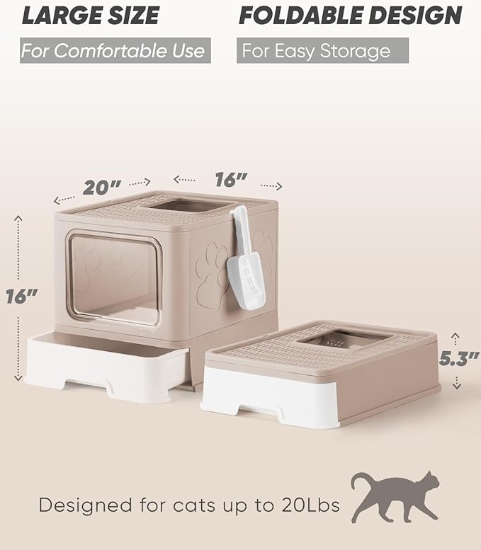 Enclosed Cat Litter Box, Large Litter Box for Big Cats, Covered Kitty Litter Boxes with Lid, Top Entry Cat Box Enclosure with Scoop, Odor Control, Easy to Clean(Coffee)-PawvioPets