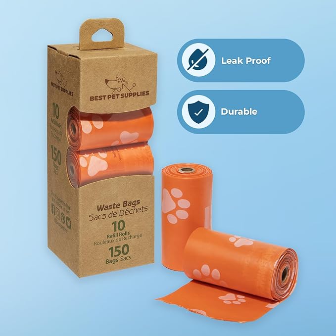 Best Pet Supplies Dog Poop Bags (150 Bags) for Waste Refuse Cleanup, Doggy Roll Replacements for Outdoor Puppy Walking and Travel, Leak Proof and Tear Resistant, Thick Plastic - Orange-PawvioPets