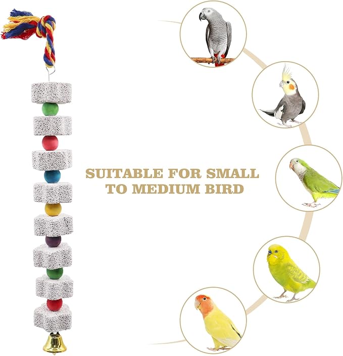 2 Pack Mineral Block Chew Toys with Colorful Beads and a Bell, Bird Beak Grinding Stone, Cage Accessories for African Grey, Budgies, Cockatiels, Small to Medium Birds-PawvioPets