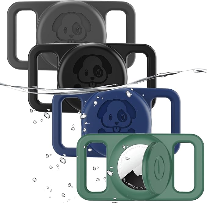 4 Pack Waterproof AirTag Dog Collar Holder Compatible with Apple AirTag, Silicone Hidden Loop Holder for Airtag Tracker, Anti-Lost Dog Collar Air Tag Accessories(Gray,Black,Blue,Dark Green)-PawvioPets