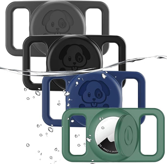 4 Pack Waterproof AirTag Dog Collar Holder Compatible with Apple AirTag, Silicone Hidden Loop Holder for Airtag Tracker, Anti-Lost Dog Collar Air Tag Accessories(Gray,Black,Blue,Dark Green)-PawvioPets