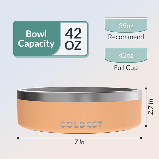 Coldest Dog Bowl - Anti Rust Metal, Non Slip, 3 Layers Insulated Stainless Steel Dog Bowls - Spill Proof & Heavy Duty - Water Bowl for Dogs, Cats & Pets, Dish Washer Safe (42 oz, Sahara Peach)-PawvioPets