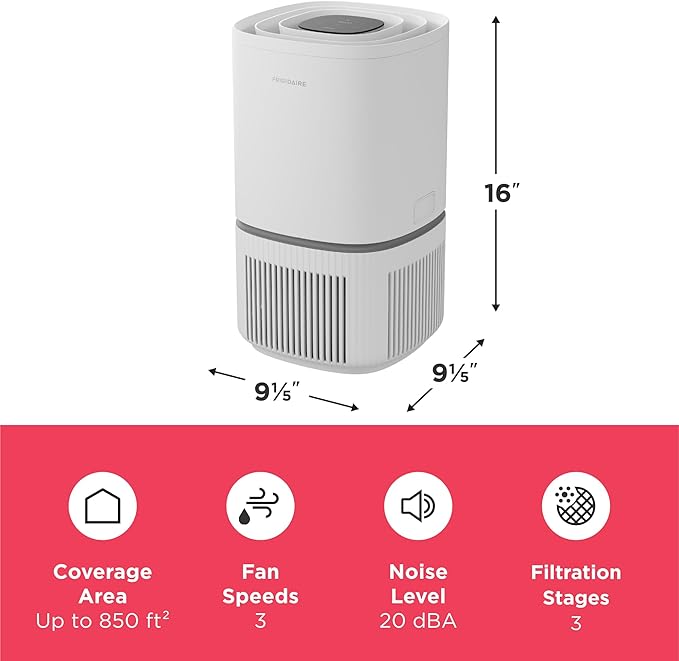 Frigidaire PureA300 HEPA Air Purifier with Wi-Fi for Small Bedrooms, Covers up to 850 Sq. Ft., 3-Stage Filtration, Energy Star Certification, Air Quality Monitoring, Smart Mode, Ultra Quiet, White-PawvioPets
