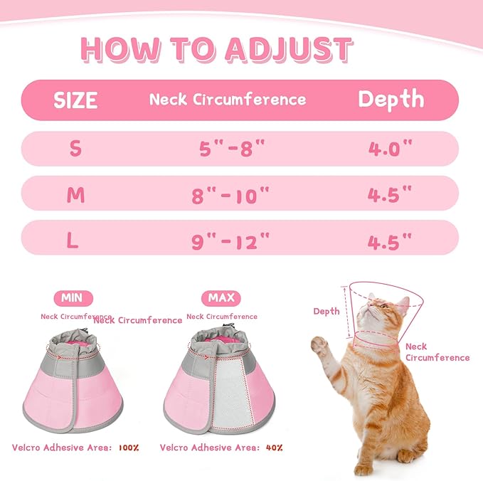 Cat Cone Collar Soft to Stop Licking, Adjustable, Foldable Lightweight Kitten Cones After Surgery Recovery for Cats & Kittens, Cat Cone Alternative (Solid Pink, L)-PawvioPets