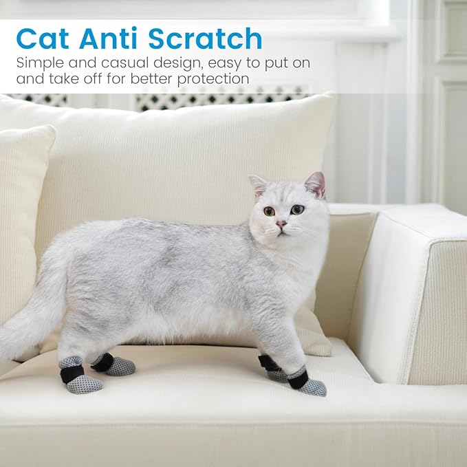 4Pcs Cat Nail Caps, Cats Booties Mittens Paw Covers Caps Shoes for Bathing Shaving Checking Nail Cutting, Pet Grooming Socks AntiScratch Adjustable Pet Claw Protector Foot Sleeves, Grey M-PawvioPets