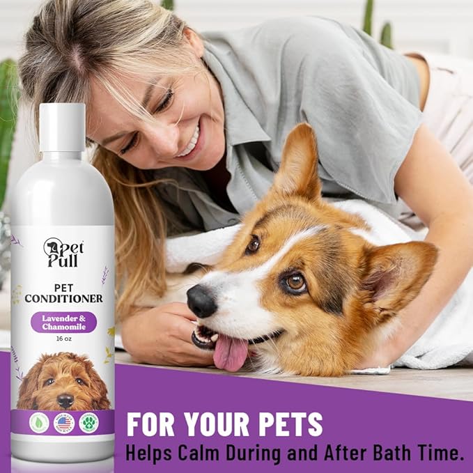 Dog Conditioner Puppy Essentials - Moisturizing Conditioner for Dogs with Lavender and Chamomile Scent - Plant Based Dog Bath Supplies Detangle and Revive Pet's Coat - Made in USA (16 Oz)-PawvioPets