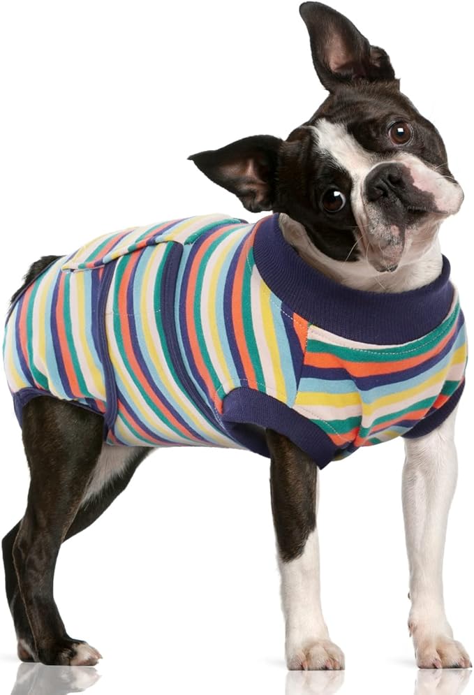 FUAMEY Recovery Suit for Dogs After Surgery,Soft Breathable Dog Bodysuit E-Collar & Cone Alternative Surgical Suit,Male Female Dog Neuter Spay Suits Anti Licking Wounds Onesie Dark Blue Stripes M-PawvioPets