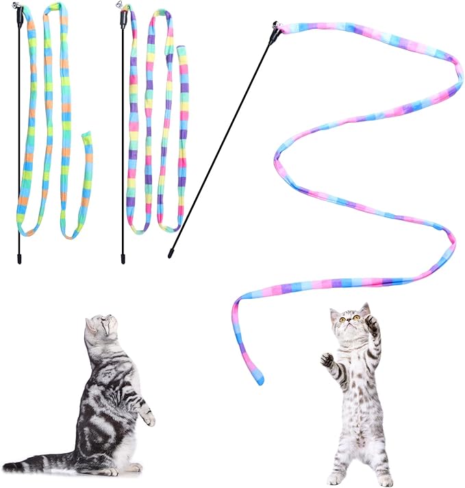 Cat Wand Toys Interactive Kitten Toys Cat Teaser Wand String Feather for Indoor Colorful Ribbon Wands Stick Toy Cat Charmer-3 Packs-PawvioPets