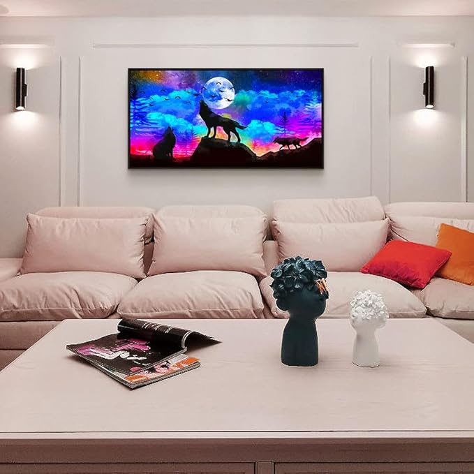 Framed Canvas Wolf Landscape Painting Canvas Wall Art For Living Room Bathroom Wall Decor For Bedroom Kitchen Artwork Canvas Art Prints Modern Office Home Decorations Blue Starry Sky Hang Pictures-PawvioPets