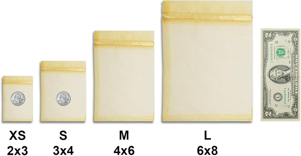 TheDisplayGuys 100-Pack XS 2 x 2 3/4" Gold Sheer Organza Gift Bags with Drawstring, Jewelry Candy Treat Wedding Party Favors Mesh Pouch