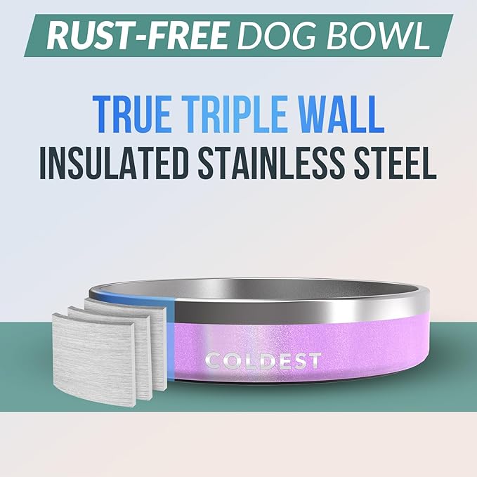 Coldest Dog Bowl - Anti Rust Metal, Non Slip, 3 Layers Insulated Stainless Steel Dog Bowls - Spill Proof & Heavy Duty - Water Bowl for Dogs, Cats, Dish Washer Safe (21 oz,Saturn's Moon Purple Glitter)-PawvioPets