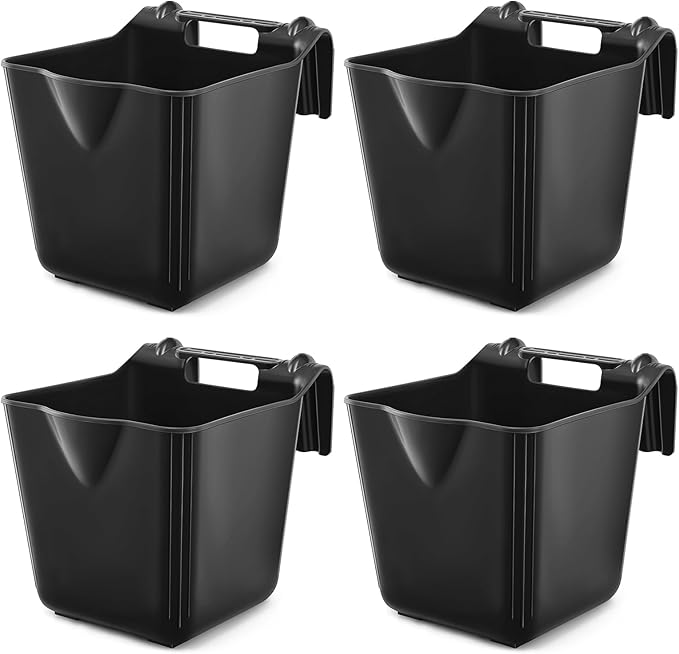 4 Pack 15 Quart Horse Feeders for Stall Hook Over Hanging Fence Hay Feeder Mountable Livestock Plastic Feed Bucket for Farm Stalls Pasture, Stable to Feed Horses Sheep Cattle Cows Etc(Black)-PawvioPets