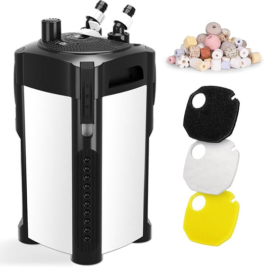 AQQA 581GPH Canister Filter, Ultra-Quiet External Aquarium Canister Filters, 3 Stage Filtration Aquarium Filter with Quartz Balls and Filter Cotton for Fish Tanks and Aquariums Up to 150 Gallon 35W-PawvioPets