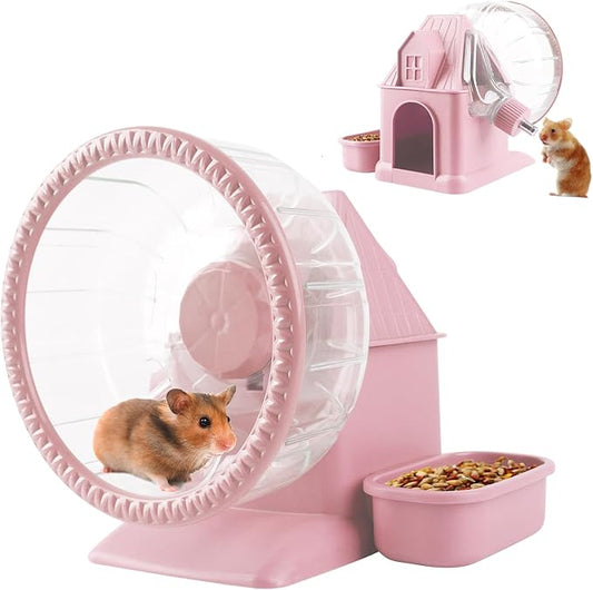 4 in 1 Silent Large Hamster Wheel Multifunctional Hamster Running Wheel Quite Running Spinner Wheel Accessories with Food Bowl Water Bottle for Hamsters Dwarf Gerbil (Pink)-PawvioPets