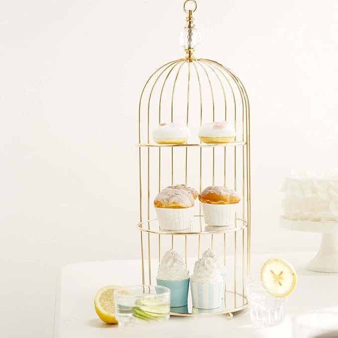 Efavormart 22" - 3 Tier Crystal Mirror Top Gold Metal Bird Cage Cupcake Cake Stand, Dessert Display for Wedding, Party, Birthday, Baby Shower Celebrations, Home Decorations-PawvioPets