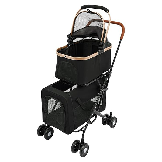 2-Layers Pet Stroller for 2 Cats/Dogs,Foldable Lightweight 77lbs Capacity Carrier, 4 Wheels, Removable Basket & Storage Pocket,for Small Pets (Black)-PawvioPets