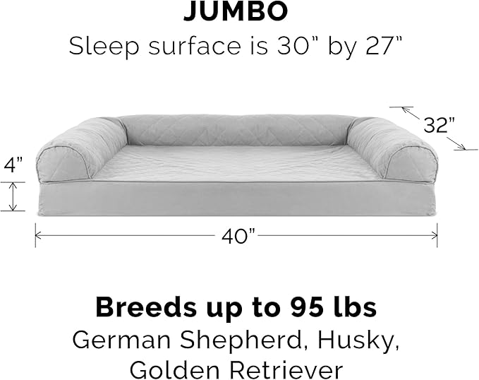 Furhaven Orthopedic Dog Bed for Large Dogs w/ Removable Bolsters & Washable Cover, For Dogs Up to 95 lbs - Quilted Sofa - Silver Gray, Jumbo/XL-PawvioPets