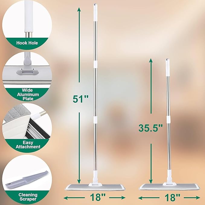 18" Professional Microfiber Mop Floor Cleaning System, Flat Mops with Stainless Steel Handle, 4 Reusable Washable Mop Pads, Wet and Dust Mopping for Hardwood, Vinyl, Laminate, Tile Cleaning (White)-PawvioPets