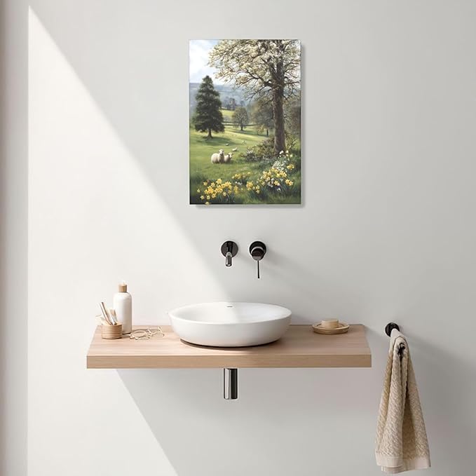 Country Sheep Canvas Wall Decor Farmhouse Rustic Lamb Wildflower Wall Art Nature Countryside Landscape Pictures Painting Print Framed Artwork Decorations for Bathroom Living Room Bedroom 16"x24"-PawvioPets