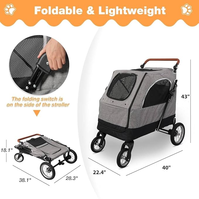 4 Wheel Pet Stroller with Storage Basket - Foldable & Breathable with Mesh Skylight, Large Dog Stroller with Adjustable Handle - Ideal for Travel and Walking with Medium to Large Dogs, Up to 120 lbs-PawvioPets