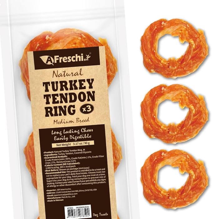 Afreschi Turkey Tendon Ring (M) 3.17 oz, USA-Sourced Turkey Tendon, All Natural Human Grade Dog Chew, Hypoallergenic, Rawhide Alternative, Dog Treats for Medium Breeds-PawvioPets