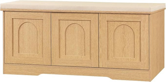 DINZI LVJ Shoe Bench, Entryway Storage Bench with Doors, Cushion, 2-Tier Shoe Rack with 6-Cubby, 39.4”L x 13.8”W Shoe Organizer Cabinet, Adjustable Shelf, Living Room, Bedroom, Natural-PawvioPets