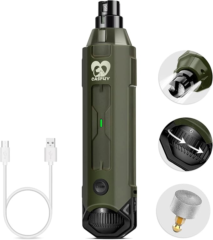 Casfuy 6-Speed Dog Nail Grinder - Newest Enhanced Pet Nail Grinder Super Quiet Rechargeable Electric Dog Nail Trimmer Painless Paws Grooming & Smoothing Tool for Large Medium Small Dogs (Army Green)-PawvioPets