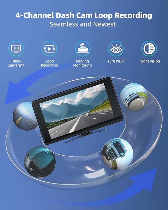 4 Channel 1080p HD Backup Camera System with 10.2" Touchscreen Monitor, DVR Recording/Playback, Bluetooth, FM Radio & Media Player for Trucks, Semis, RVs, Trailers, Vans, SUVs, Cars-PawvioPets