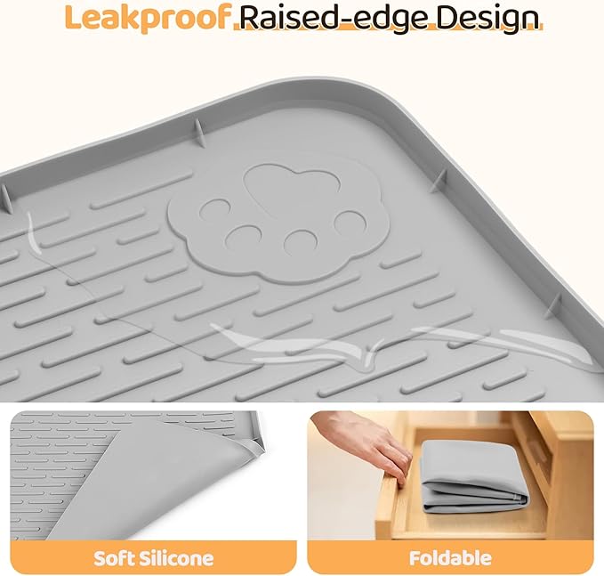 Dog Food Mat, Extra Large 50" x 35" Silicone Pet Feeding Mat with Raised Edge Pet Placemat for Small, Medium, and Large Pets Non-Slip, Easy to Clean (Grey)-PawvioPets