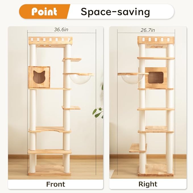 74.8" Wooden Cat Tree Tower for Large Cats, Multi-Level Cat Climbing Furniture with Scratching Posts, Cat Condo & Hammock, Natural Wood Cat Activity Center (White)-PawvioPets